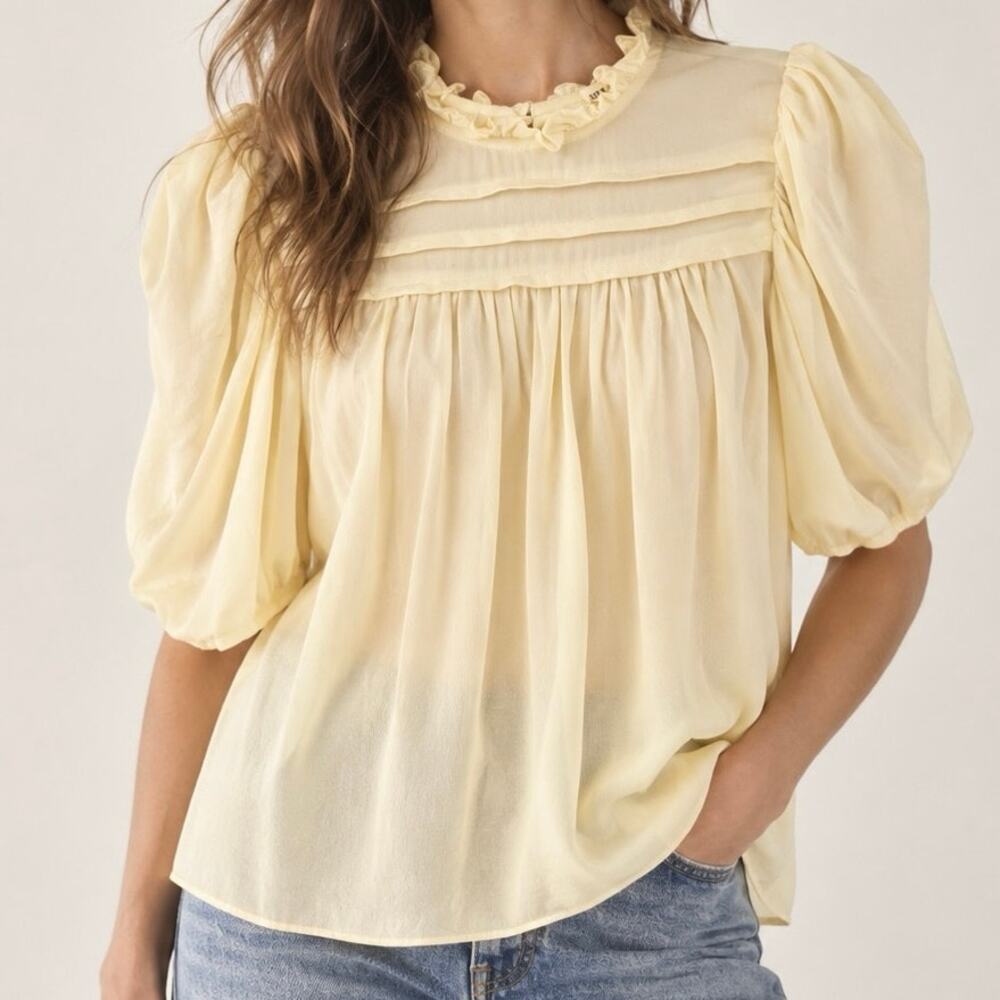 Ulla Johnson Cream Ruffled Neck Pleated Pintuck Karlyn Silk Coquette Blouse 0
